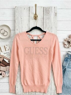 GUESS Peach Pink V-Neck Sweater with Strappy Back